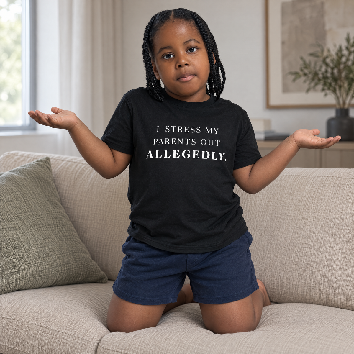 Black kids T-shirt with I STRESS MY PARENTS OUT. ALLEGEDLY. slogan print